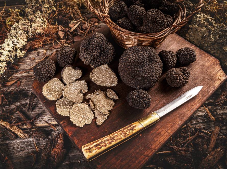 Black truffle with knife over rustic wooden cutting board